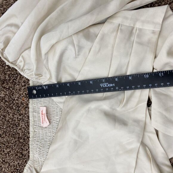 Showpo Blouse Womens US 6 Cream Satin Puff Sleeve Tie Front Smocked Crop Top - Picture 8 of 11